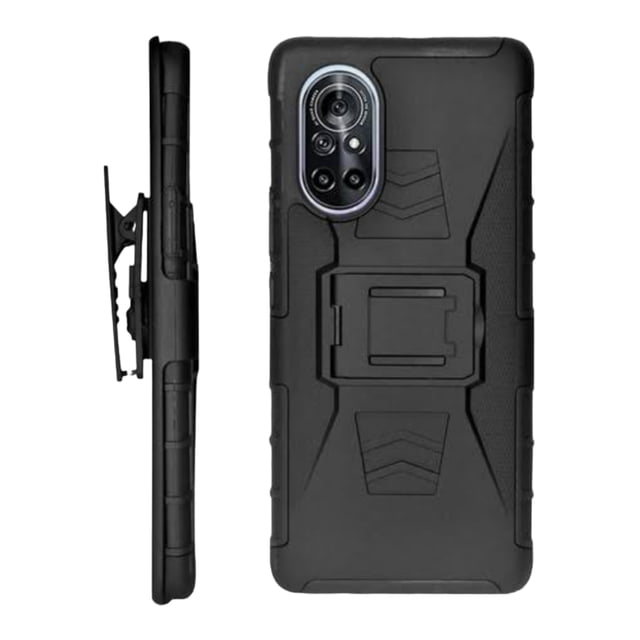 funda uso rudo clip 360 para huawei nova 8 funda negra Cely Vesmir con clip giratorio y soporte integrado. Vista trasera que muestra parachoques de TPU flexible, parte posterior de acrílico rígido texturizado, recortes precisos para cámara y perfil lateral con clip de cinturón montado; diseño delgado fácil de deslizar en bolsillo.