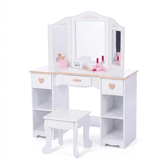 Kicctian Kids Vanity Set with Tri-Folding Mirror, Girls Dressing Table and Stool, 3 Drawers and 4 Storage Shelves, Makeup Desk for Bedroom or Playroom, White
