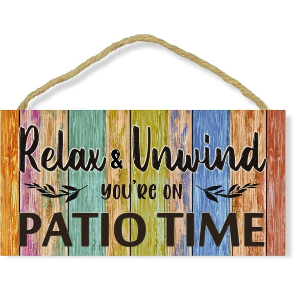 Wood Sign 5x10 Inch Country Rustic Wood Signs Relax Unwind You'Re On Patio Time Wooden Hanging String Sign Plank Plaque Wall Art Decor Front Door Porch Bedroom Restroom Gift For Women Men