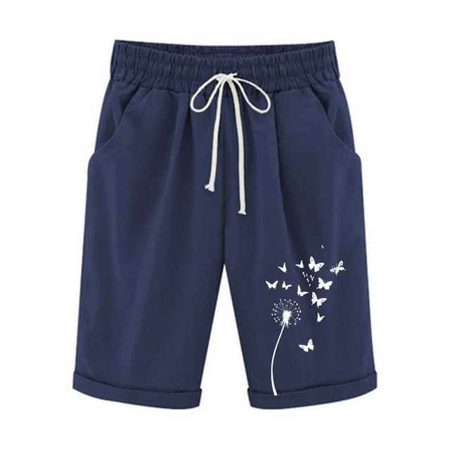 Women's Linen Summer Shorts Casual Bermuda Wide Leg Mid Length High Waisted Drawstring Dandelion Print Short With Pocket C-Navy