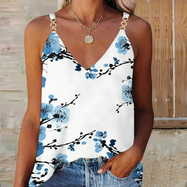 Shldybc Débardeurs pour Femmes Blouse d'Été Décontractée Sans Manches à Imprimé Floral Col en V T-Shirt