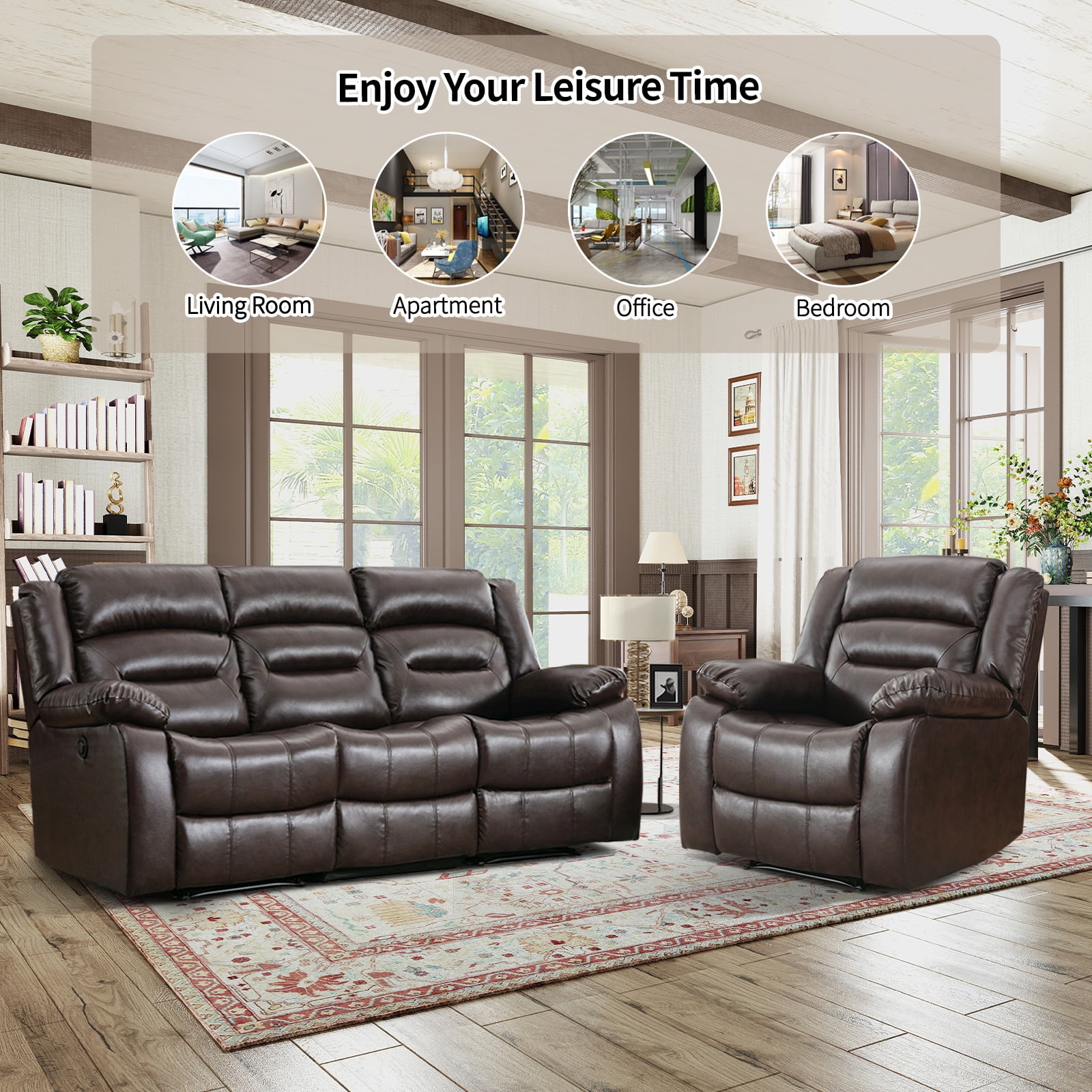 Bonzy Home Faux Leather Power Recliner Chair and 3-Seat Sofa Set, Electric Reclining Couch for Living Room, Bedroom, Office, Brown(Recliner+Sofa)