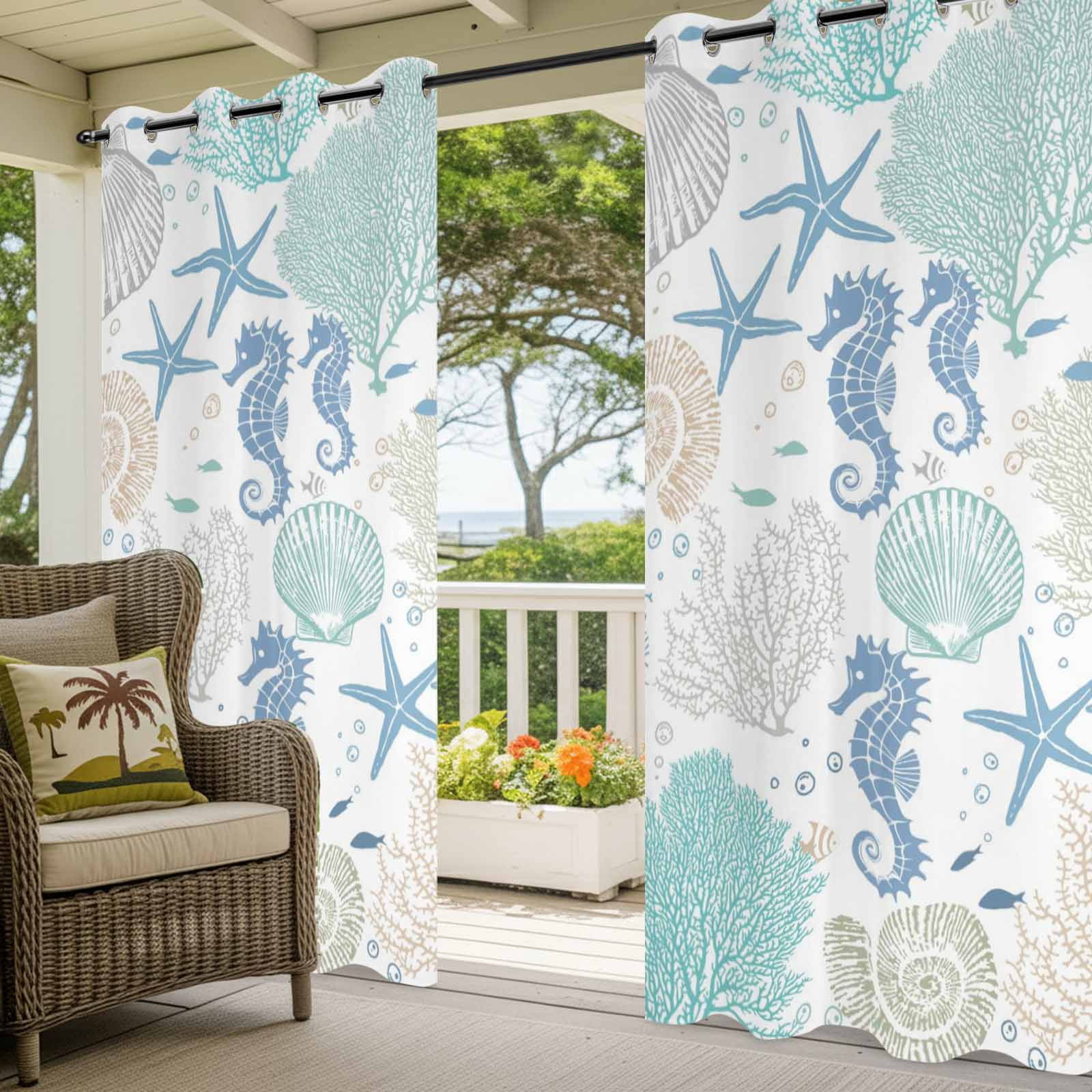 Coastal Blue Seahorse Outdoor Curtains for Patio, Summer Starfish Shell Coral Nautical Ocean Sunshade Privacy Drapes Grommet Waterproof Outside Curtains for Porch/Cabana/Balcony 54"x 108", 1 Panel