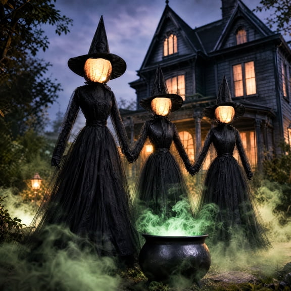 Dazzle Bright Halloween Decorations Outdoor, 3 Pack 6 FT Holding Hands Lighted Witches Stakes with Glowing Face, Halloween Witch Decor for Yard Garden Lawn Porch Haunted House Party Props