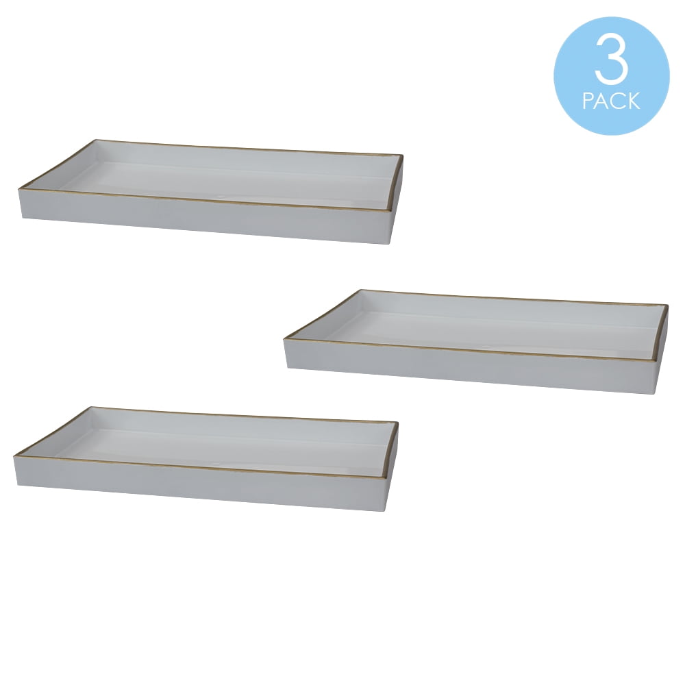 White Plastic Vanity Tray with Gold Trim, (3Pack)