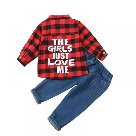 

SYNPOS Toddler Boy Christmas Outfits 2T 3T 4T 5T Kids Long Sleeve Buffalo Plaid Shirt Ripped Denim Pants Clothes Set 1-6 Years