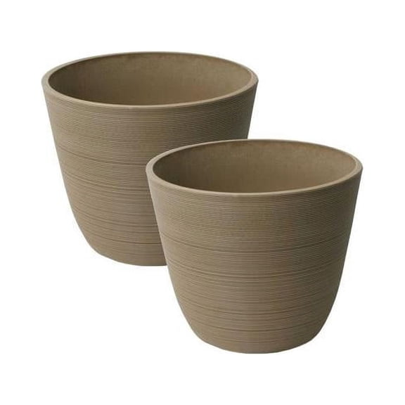 Algreen  Valencia 14 in. dia. by 11 in. 2 Round Curve Planters, Ribbed Taupe - Pack of 2