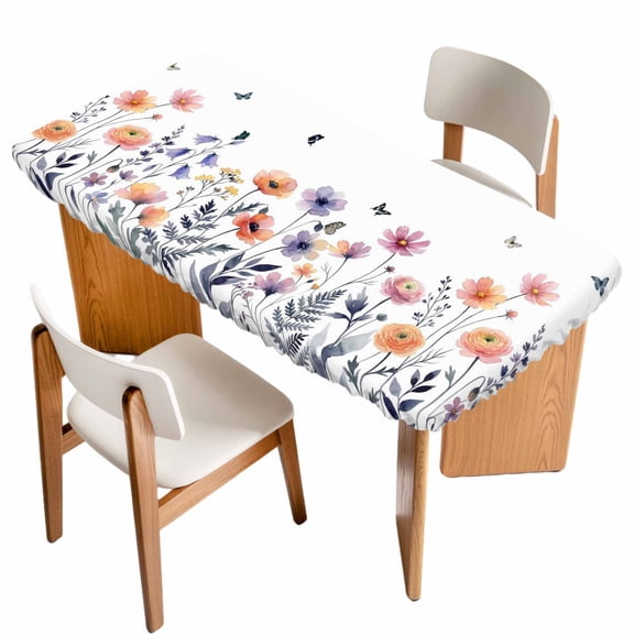Spring Floral Table Cloths for 6 Foot Rectangle Tables, Elegant Pastoral Flowers Botanical Patio Waterproof Elastic Fitted Tablecloths, Washable Rectangular Table Cover for Camping