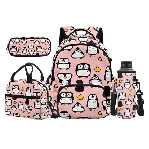 Yspwyqan Kids Backpack Set 4Pcs, Cute Penguin Star Backpack And Lunch Box Set Girls 17 Inch 600D Polyester Lightweight Large Capacity Bags for School Elementary
