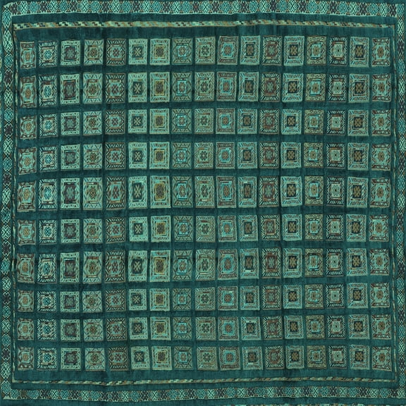 Ahgly Company Machine Washable Indoor Square Abstract Turquoise Blue Contemporary Area Rugs, 8' Square
