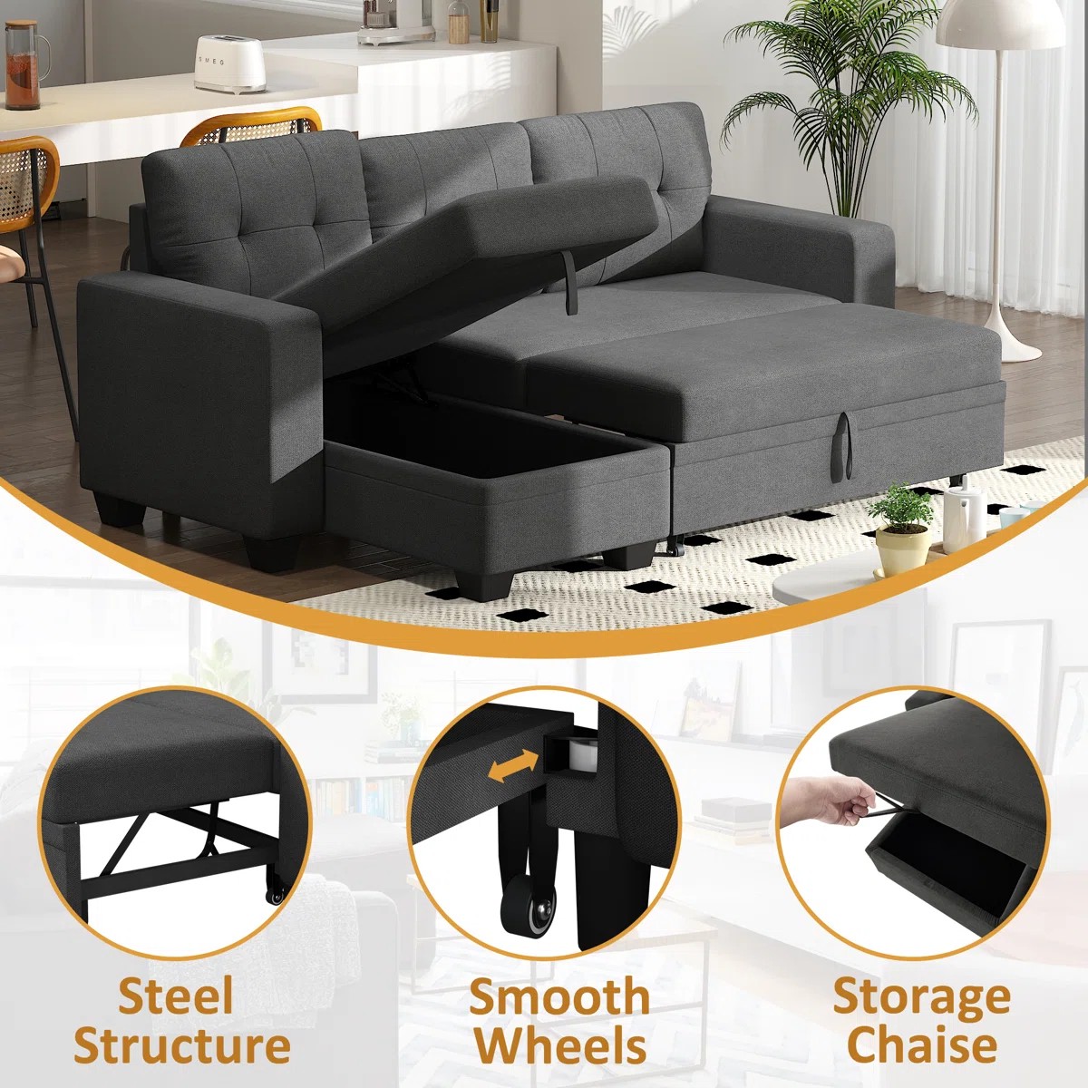 AENKYO L-Shaped Sleeper Sofa, Reversible Sectional Couch with Pull Out Bed and Storage for Living Room, Dark Gray