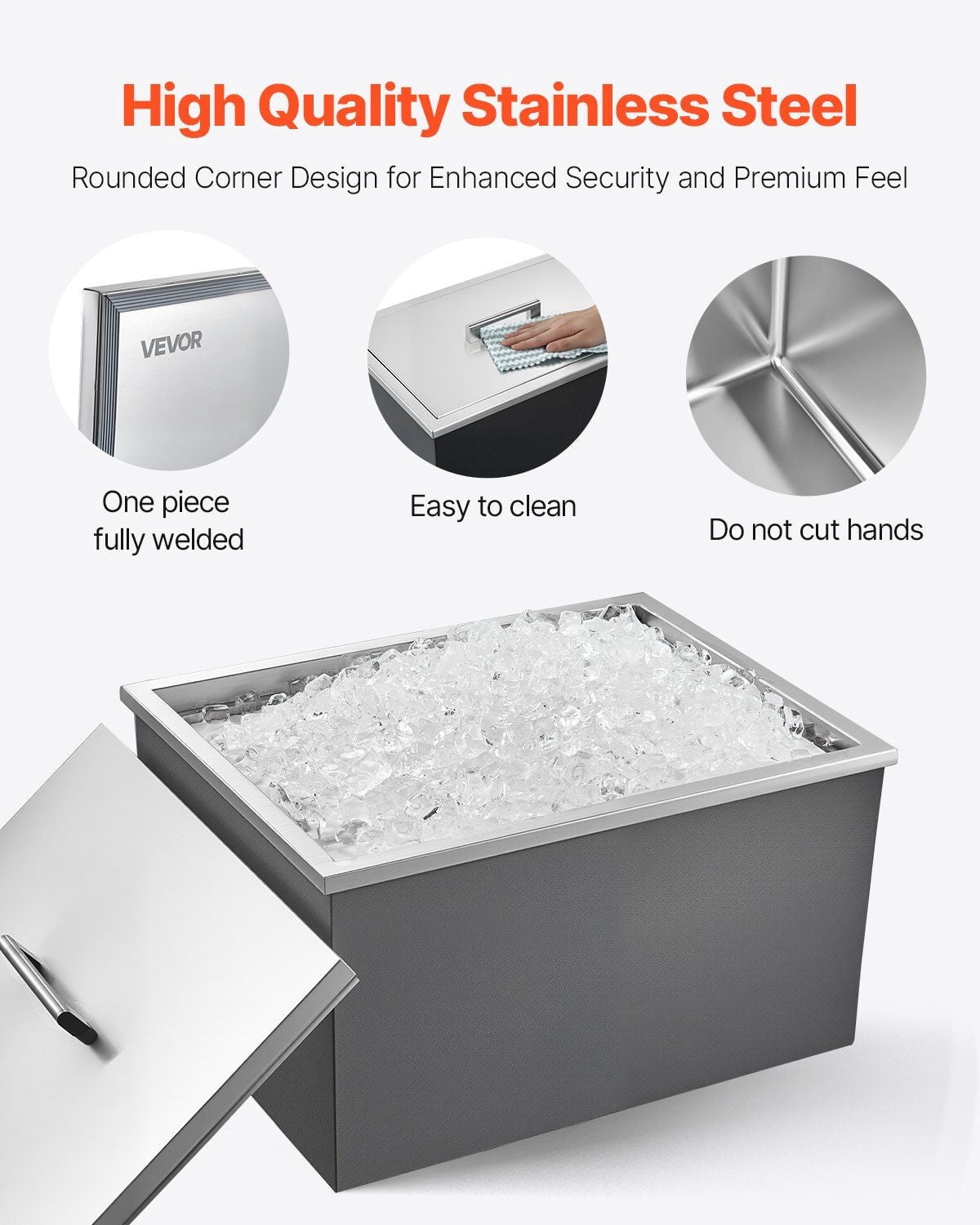 45.3 Qt Drop in Ice Chest Ice Cooler Ice Bin Stainless Steel 22"x17"x12"