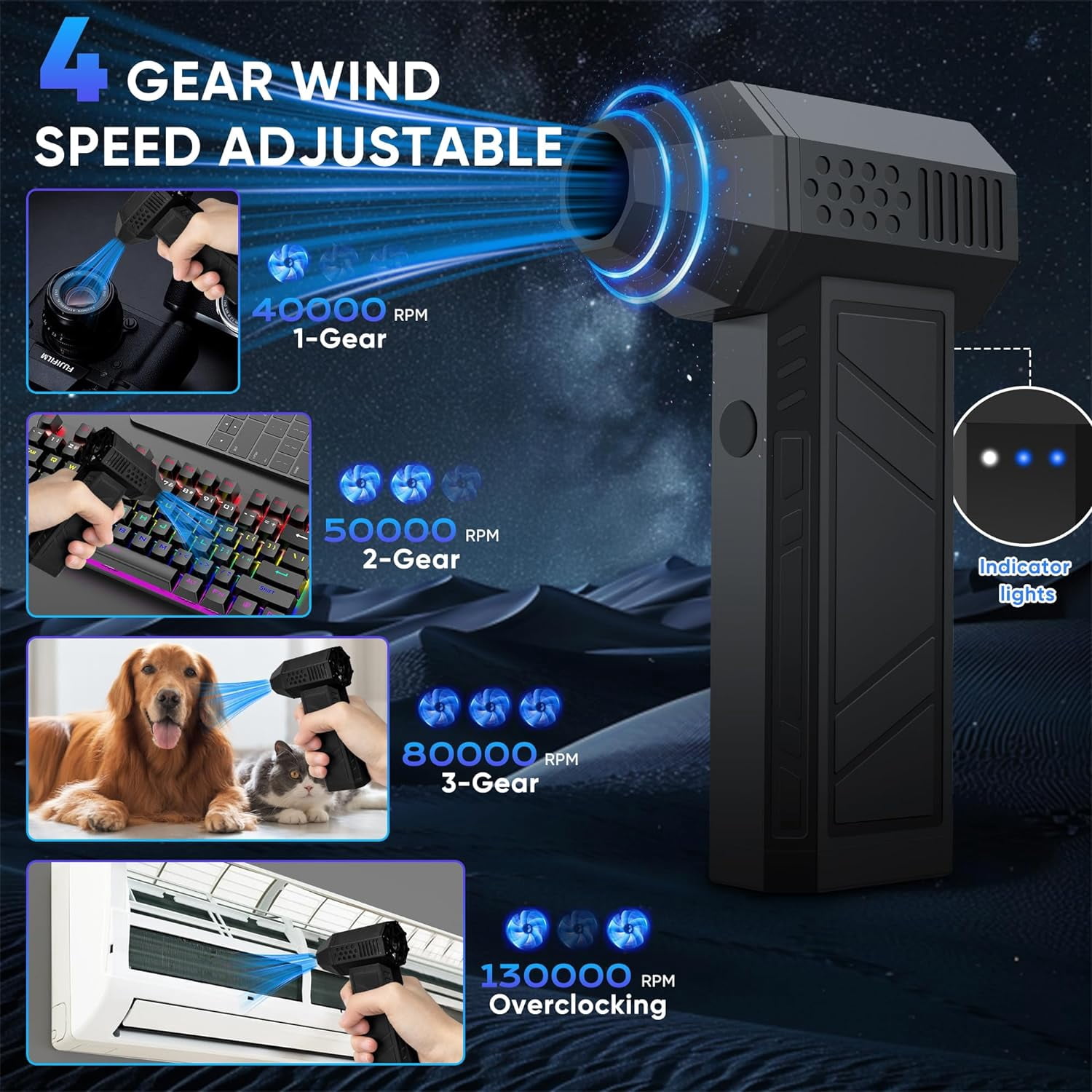 Air Blower Gun,Electric Air Duster with 3 Adjustable Speeds,130000RPM Jet Dry Blower for Car,Portable Jet Fan,Mini Jet Blower Car Dryer Type-C Rechargeable for Car,Computer,Keyboard,Lens