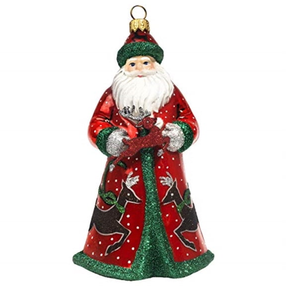 Glitterazzi Red Green and Silver Reindeer Santa Polish Glass Christmas Ornament