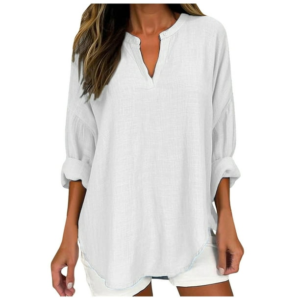 Blusa de mujer 2025 con cuello en V y manga 3/4: encaje irregular, tallas grandes, top informal para la oficina/vaqueros.