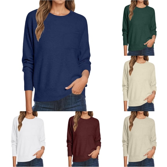 XIYON Sweaters for Women Oversized Sweaters Casual Crewneck Long Sleeve Knit Pullover Top Lightweight Cozy Sweater with Pocket