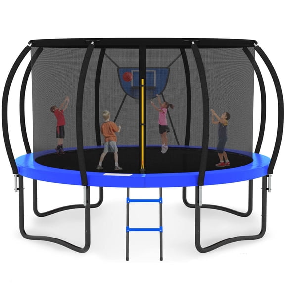 GVDV 10FT Outdoor Trampoline, Backyard Recreational Pumpkin Trampoline with Enclosure for Kids