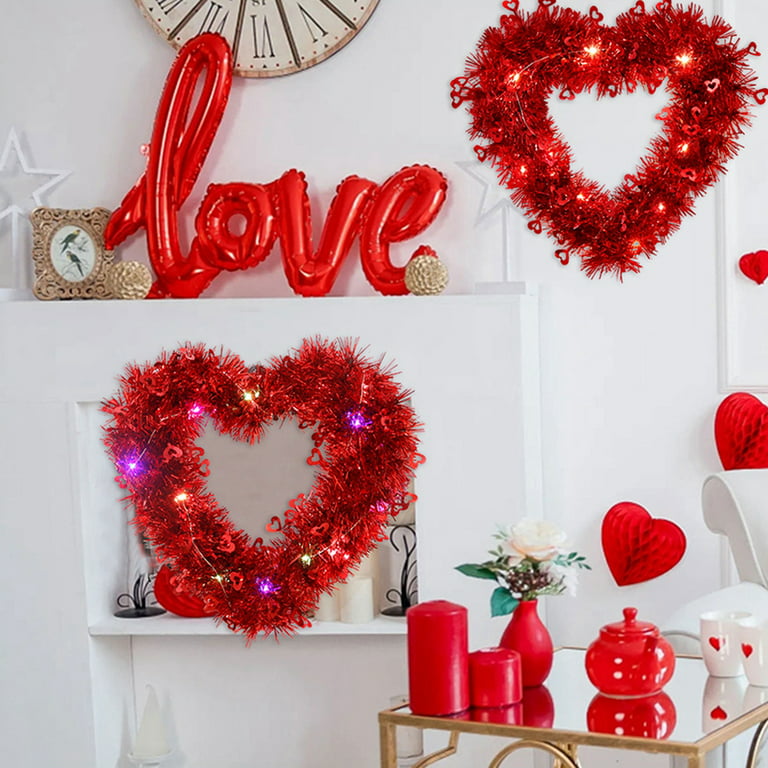  50 LED Lighted Valentine's Day Wreath- 14.6'' Heart Shaped  Tinsel Decorations, Battery Powered, Glowing Ornaments for Gifts Wedding  Engagement Anniversary Birthday Front Door Window Home Decor : Home &  Kitchen