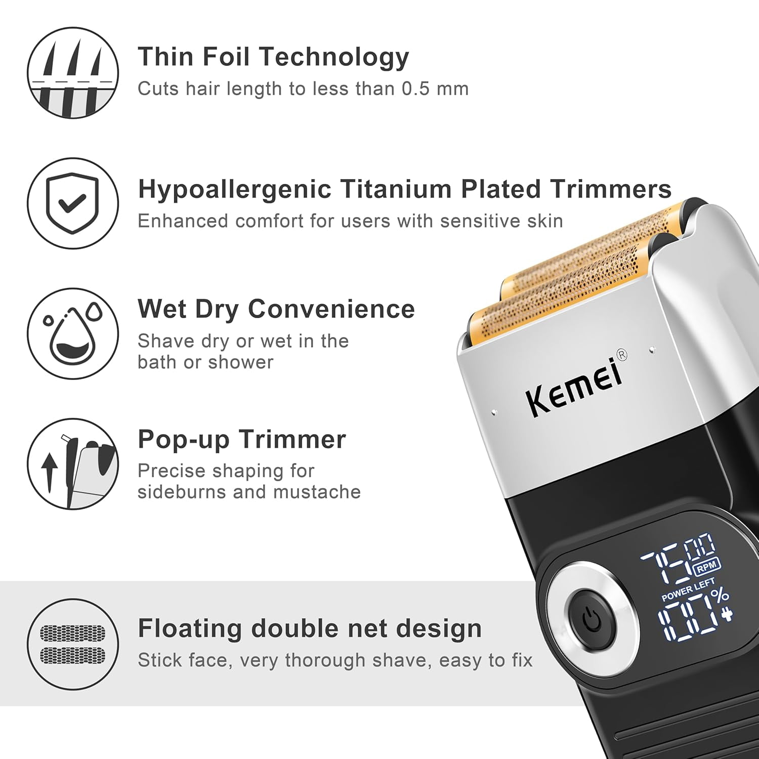 Kemei Foil Professional Electric Shaver for Men Razor with Bald Trimmer Cordless Shavers Rechargeble LED Display 2 in 1