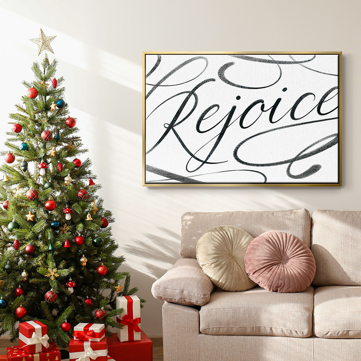 Rejoice - Framed Gallery Wrapped Holiday Canvas - 27 x 41 - Gold Frame