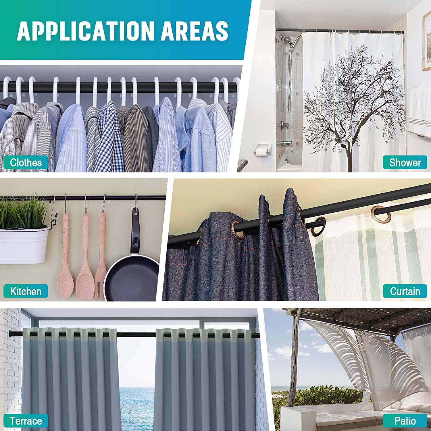 Room Divider Spring Tension Curtain Rod 43 to 141 inches,Adjustable Shower Curtain Rods,No Drilling,Closet Telescopic Rods,Expandable Balcony Tension Pole,Black