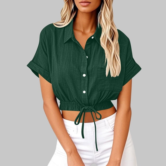 Hauts pour Femmes Ndbuld Tunique à Manches Courtes à Col Rabattu Boutons et Lin Vêtements de Travail d'Été Chemise Courte Blouse Remises, Vert, L