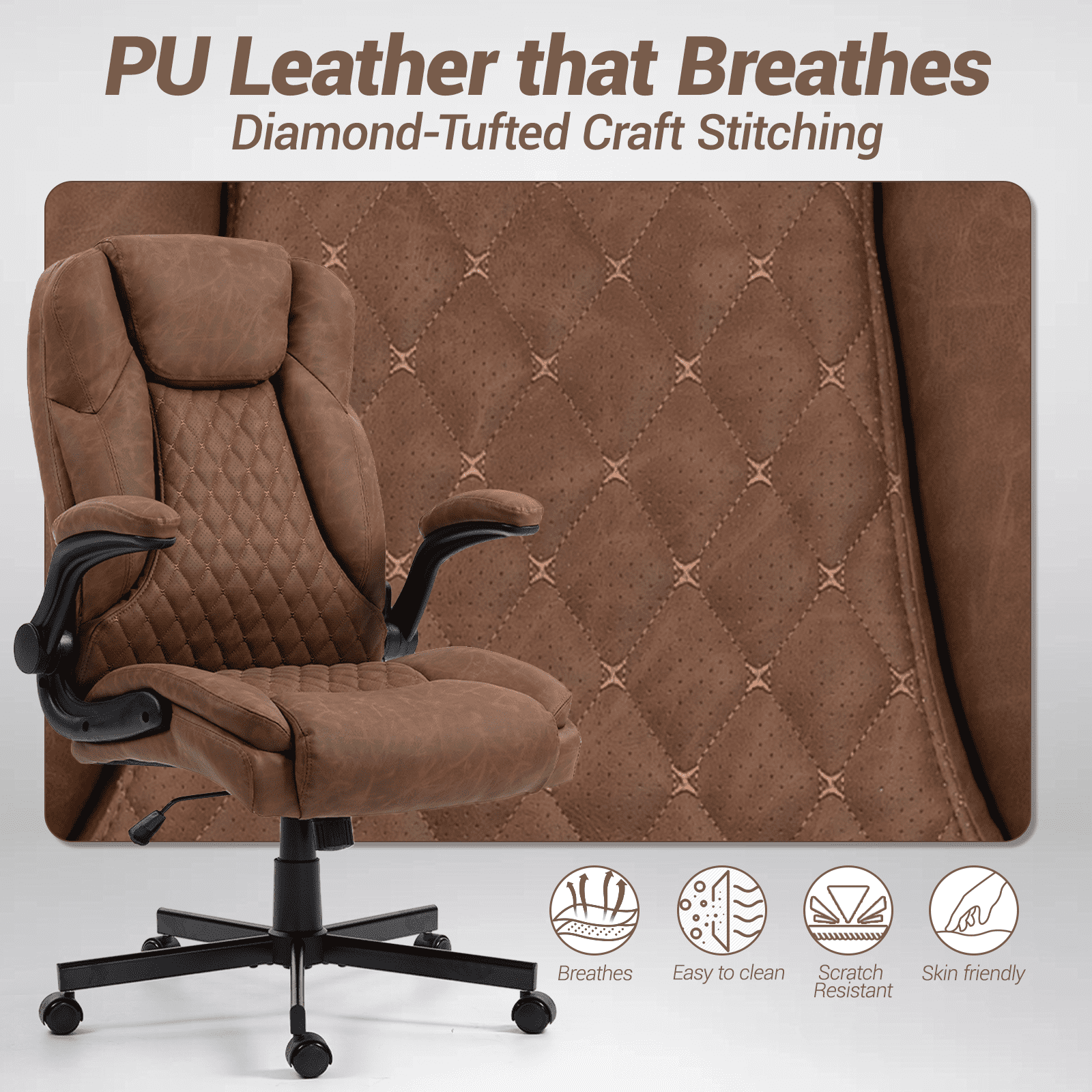 WENTUM High Back Executive Office Chair, Ergonomic Computer Desk Chair with Rocking Function, PU Leather, Flip-Up Armrests and Lumbar Support, Brown