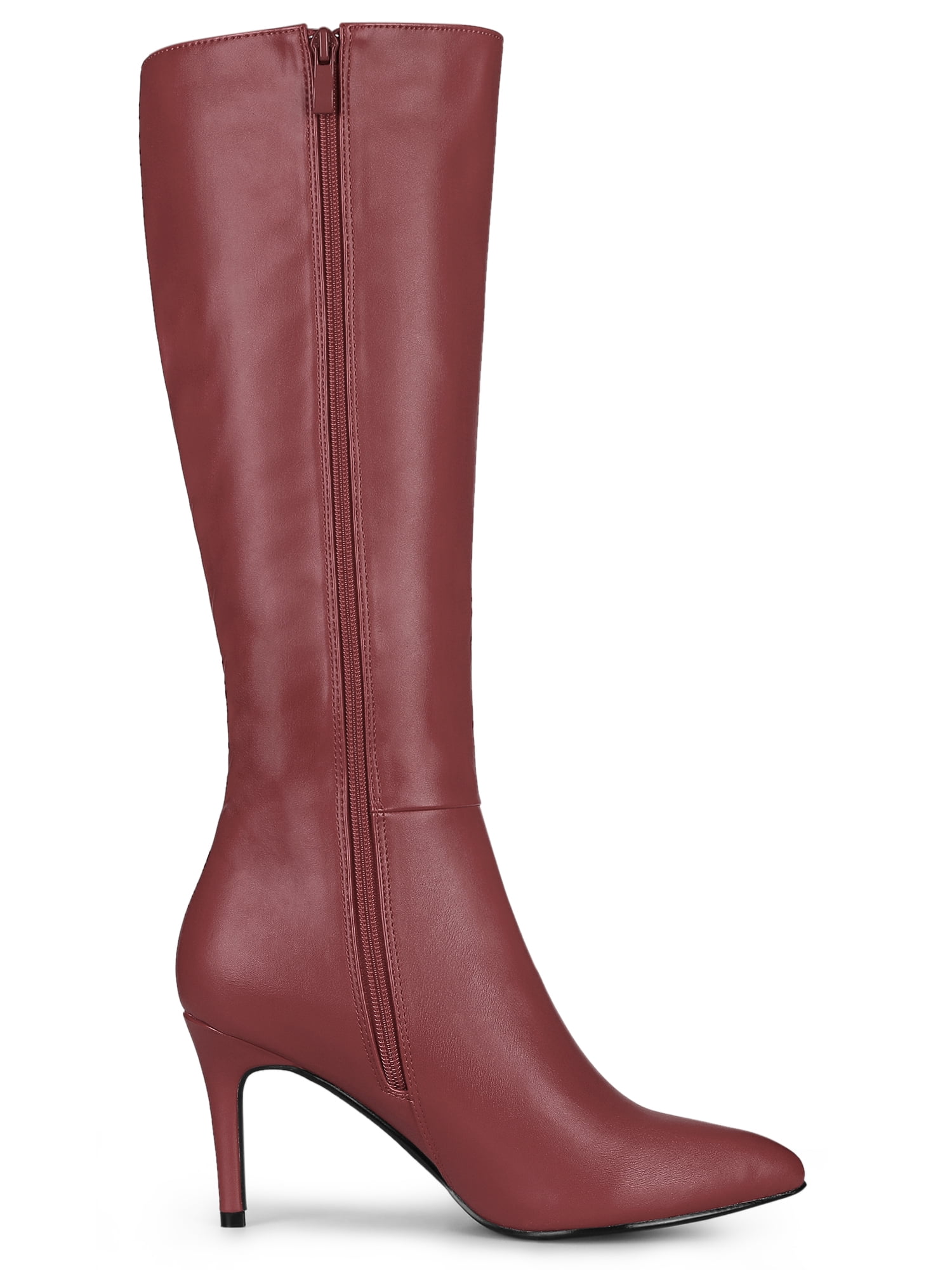 DARING DIVA Women's Pointed Toe Side Zipper Stiletto Heel Knee High Boots Burgundy 6.5