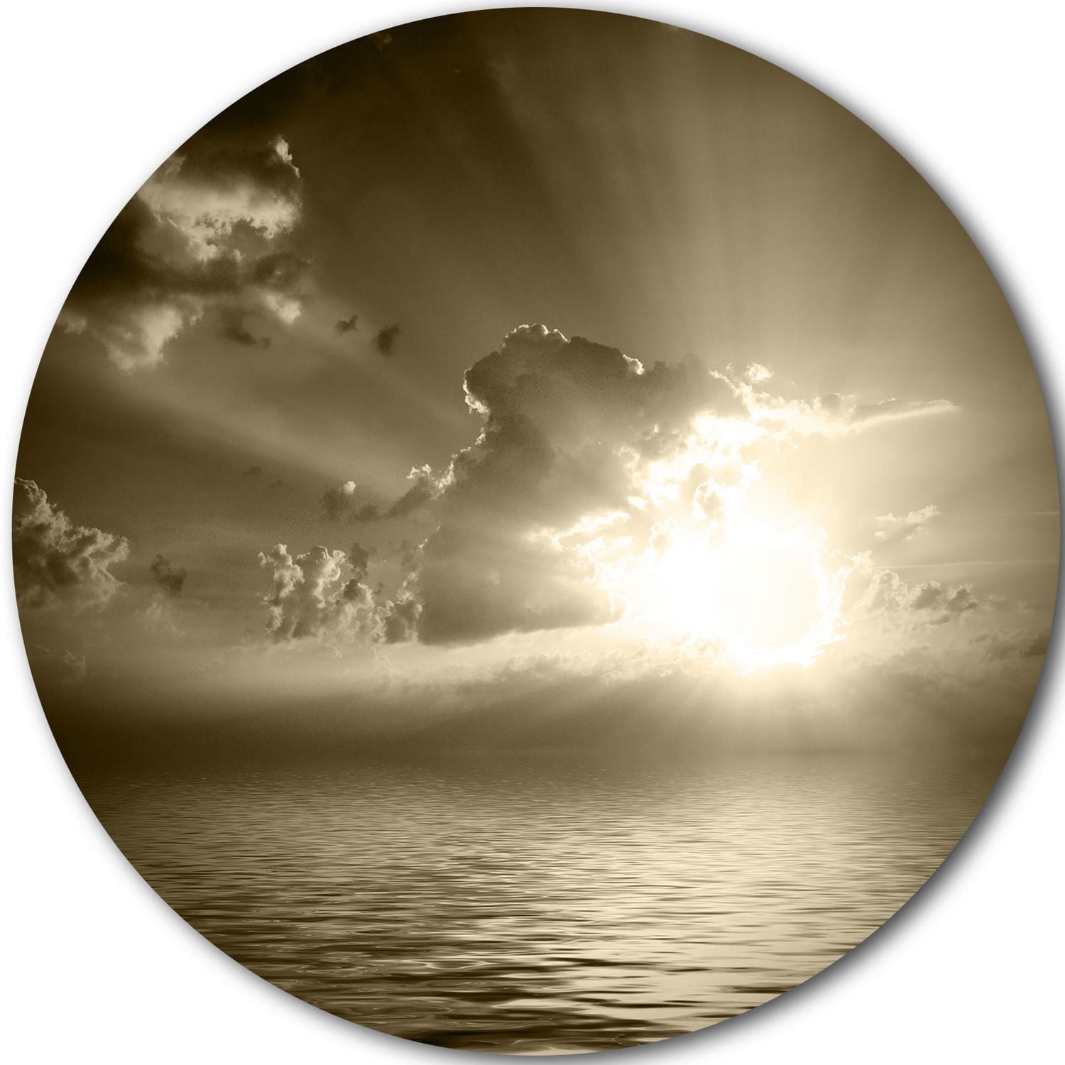 Design Art Sepia Toned Cloudy Sunrise' Ultra Glossy Landscape Metal Circle Wall Art