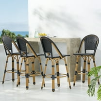 Cortina Wicker and Aluminum Outdoor 29.5 Inch Barstools, Set of 4, Black and Bamboo Finish