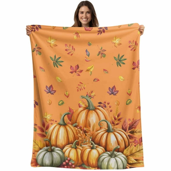 Flannel Fleece Throw Blanket Orange Pumpkin Thanksgiving Fall Maple Leaf Lightweight Soft Plush Blankets,Fallen Leaves Cozy Warm Throw Blanket for Couch Sofa Bed Car Office All Season Use 40x50in