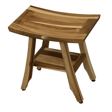 Compact Rectangular Teak Shower Outdoor Bench with Shelf in Natural Finish