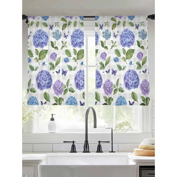 Purple Hydrangeas Sheer Curtains for Living Room Bedroom Botanical Garden Floral Plaid Sheer Curtains 54 Inch Long 2 Panels Set Light Filtering Curtain Window Treatments Drapes for Dining Room