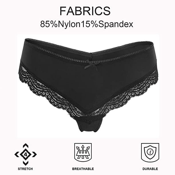 Charmo Womens Lace Thongs Panties Low Rise Nylon Comfort Lingerie Ladies  Underwear Black, 4-Pack