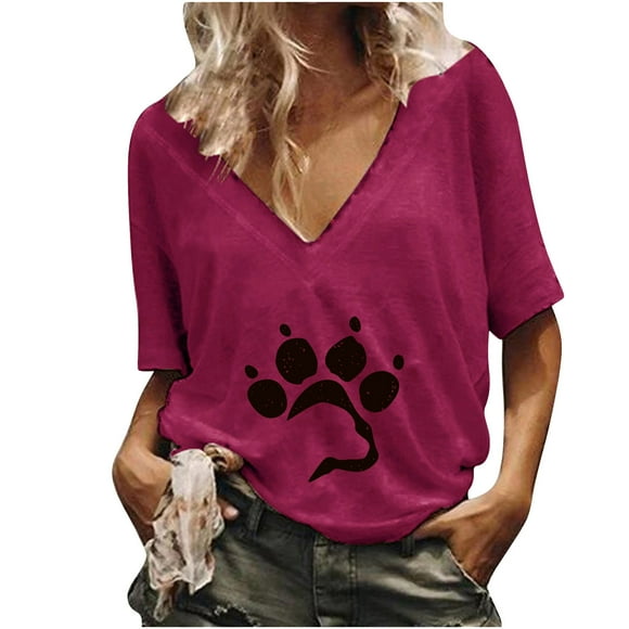 CEHVOM Fashion Women V-neck Cat Paw Short-sleeved Casual Printed Top T-shirt