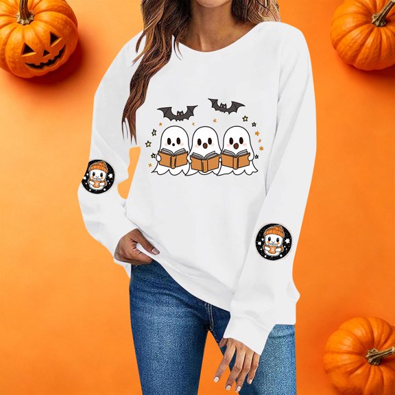 Womens Halloween Tops Cute Ghost Printed Long Sleeve Crew Neck Fashion Casual Loose Fall Pullover Top White XXL