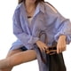 thumbnail image 2 of Camisa de rayas Nikou manga larga azul con cuello boyfriend gran tamaño, 2 of 9