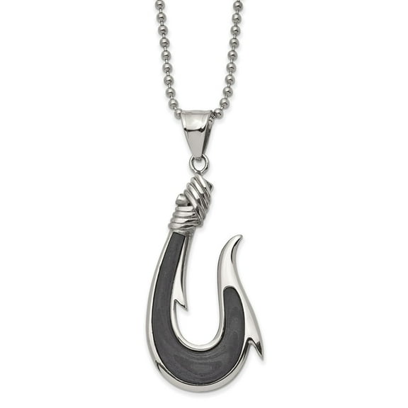 Primal Steel Stainless Steel Polished with Solid Black Carbon Fiber Hook 22-inch Necklace