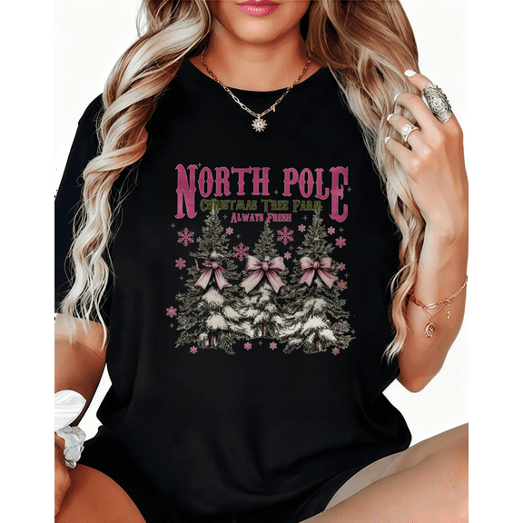 Women’s North Pole Christmas Tree Farm Graphic T Shirt Vintage Holiday Top S-5XL
