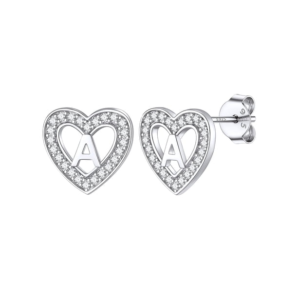 Pendientes de botón de corazón inicial de Silvora para mujeres y niñas Pendientes de plata esterlina con letra A con Zirconia cúbica brillante Cumpleaños Regalo de Navidad