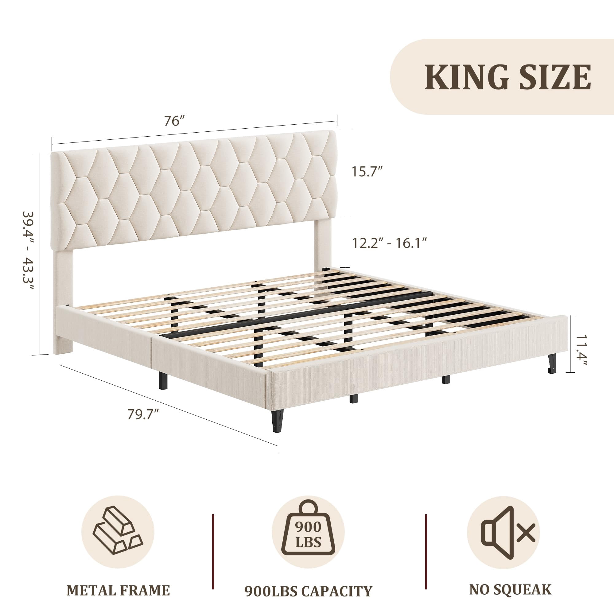 PYY Modern Upholstered Bed Frame – King Size, Beige – Adjustable Headboard, Heavy Duty Platform, Strong Wood Slats, Noise-Free, No Box Spring Needed, Easy Assembly – Bedroom Furniture – Beige
