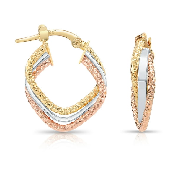Tilo Jewelry 10K Tri-Color Gold Triple Twisted Square Italian Hoop Earrings with Diamond-Cut Engraving for Women & Unisex | 20mm