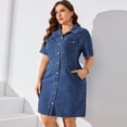 thumbnail image 3 of Plus Size Denim Shirt Dress Short Sleeve Button Down Midi Dress With Pockets for Spring Summer, 3 of 6