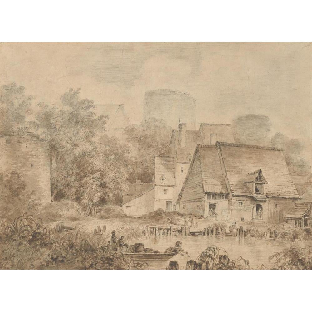 Jean-Honoré Fragonard 14x11 Black Modern Framed Museum Art Print Titled - Farm Buildings Beside a Waterway (ca. 1765-70)