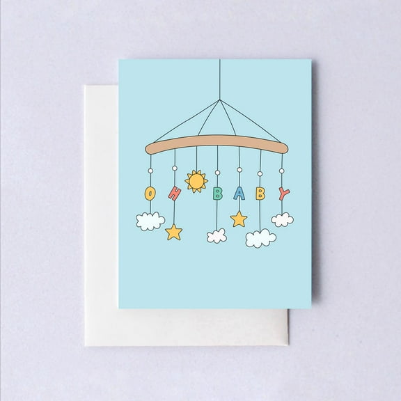 Oh Baby Greeting Card – Adorable Mobile Design with Sun, Stars, and Clouds – Blank Inside with Envelope – Perfect for Baby Showers, Welcome Baby Wishes, or New Parents