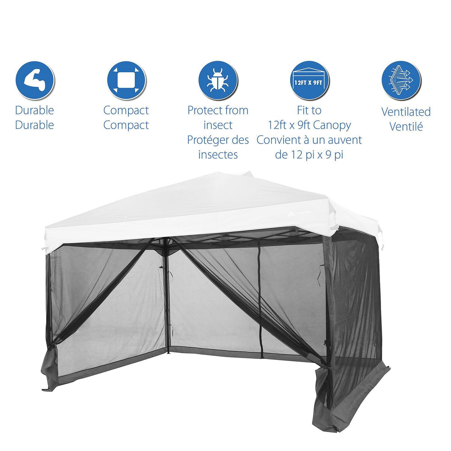 Mur en maillage Ozark Trail pour structure de 3,6 m x 2,7 m (12 pi x 9 pi), tissu gris avec maillage noir, inclut des piquets..