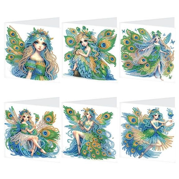 6pcs Diamond Art Painting Kit Greeting Card, Green Wings Angel 5D DIY Special Shape Diamond Greeting Card Creative Gifts, Christmas Thanksgiving Greeting Card Congratulation