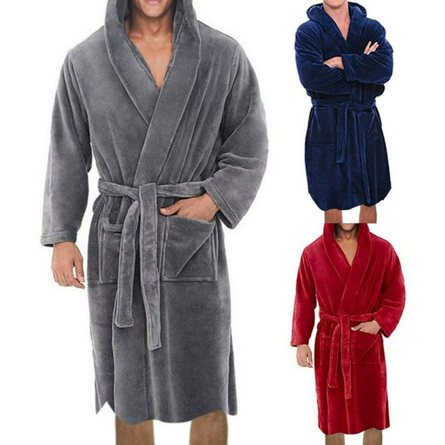 PENGXIANG Solid Color Belt Flannel Bath Robe Hooded Pockets Warm Men Nightgown Home Clothes Black M