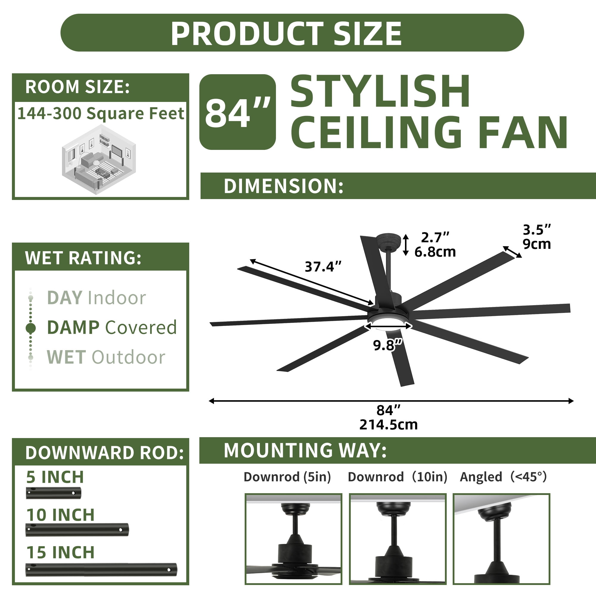 Uforic 84 Inch Modern Black Ceiling Fan with Light & Remote, 8 Blades, Quiet DC Motor, Adjustable for Large Rooms