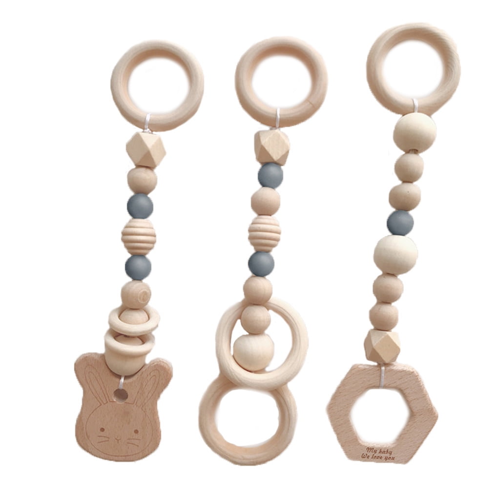 Infant Wood Activity Play Gym Toy Silicone Beads Pram Hanging Sensory Rattle Toy 